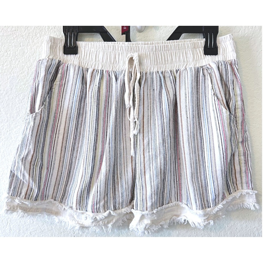 Umgee‎ Boho Coastal Cottagecore Striped Linen Blend Shorts SZ L Elastic Waist